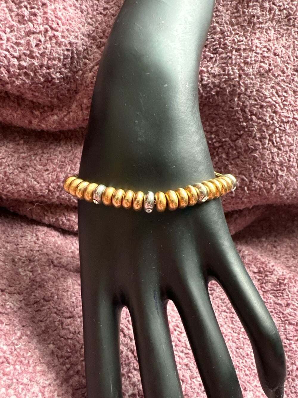 Vintage Avon Two Tone Gold and Silver Metal Disk Bead Bracelet with Rhinestone A